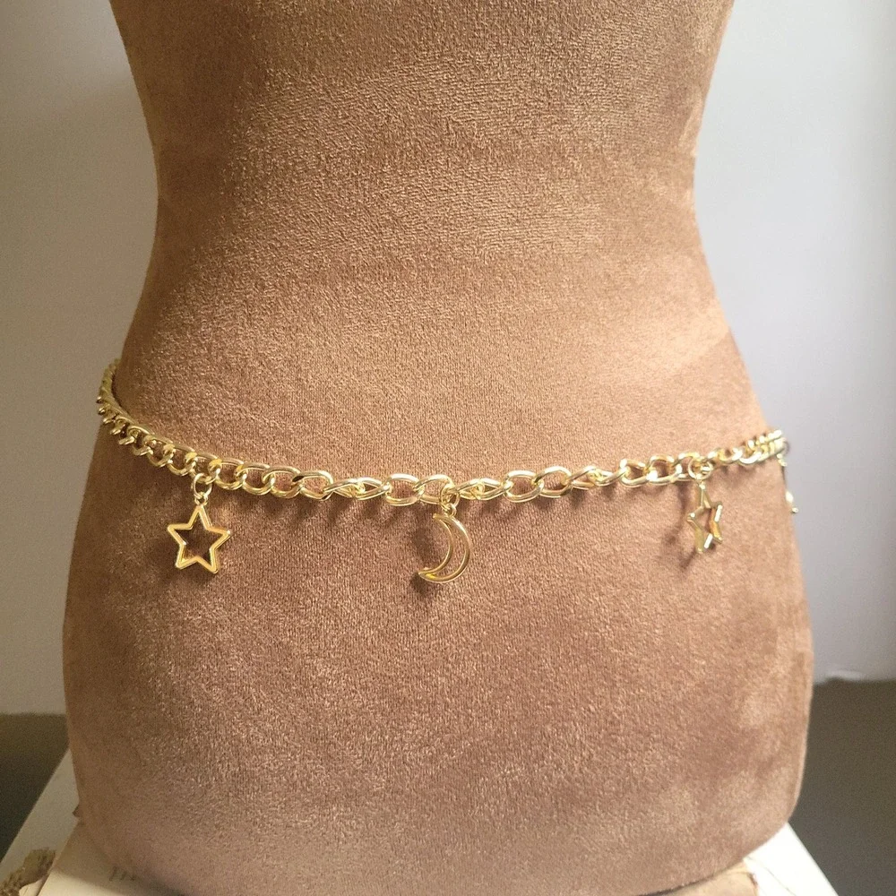 Gold Celestial Moon and Star Charm Chain Belt Adjustable 46